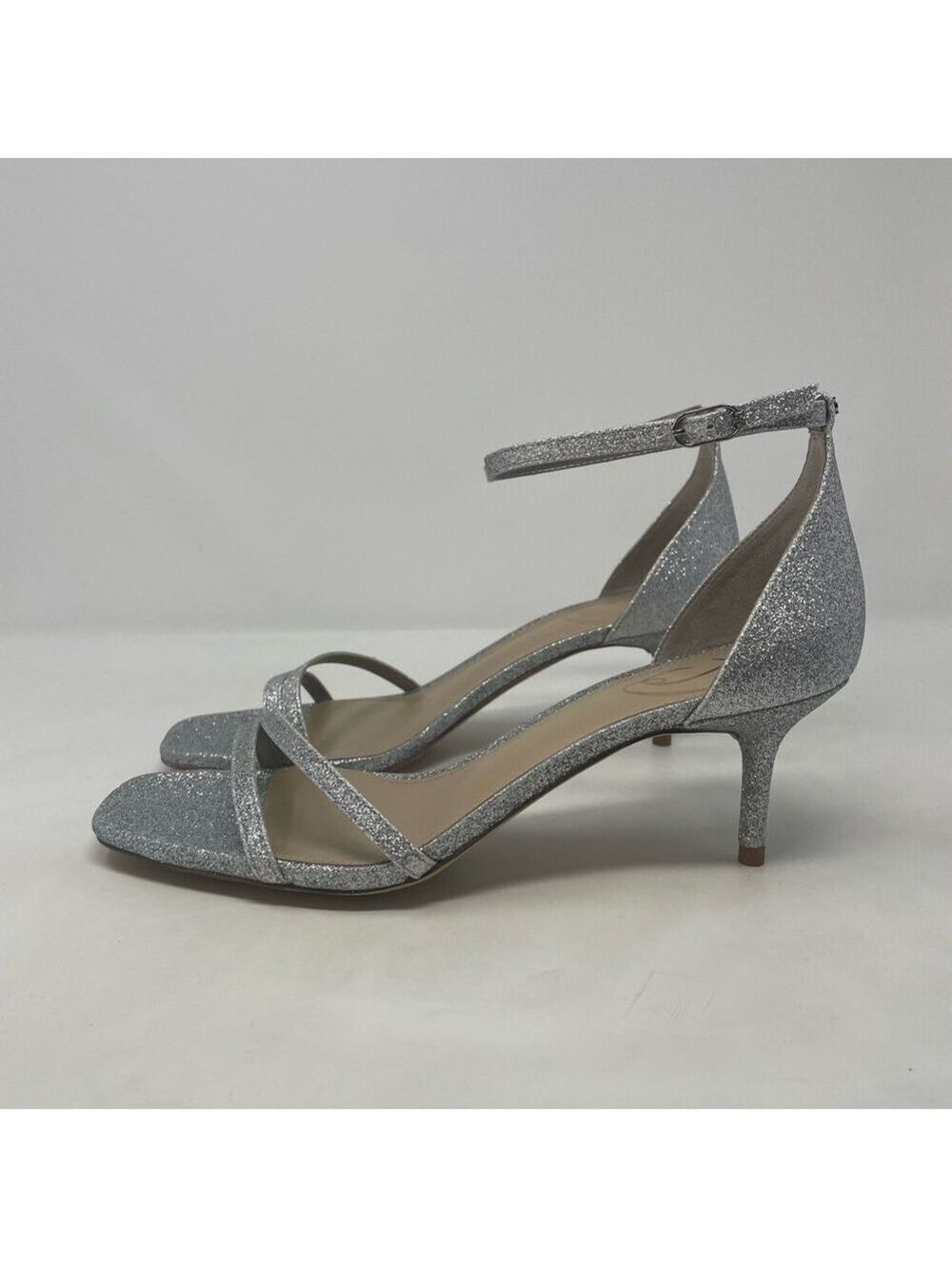 NIB Sam Edelman Peonie Ankle Strap Leather Kitten Heel Sandals in Silver Glitter - Picture 9 of 13